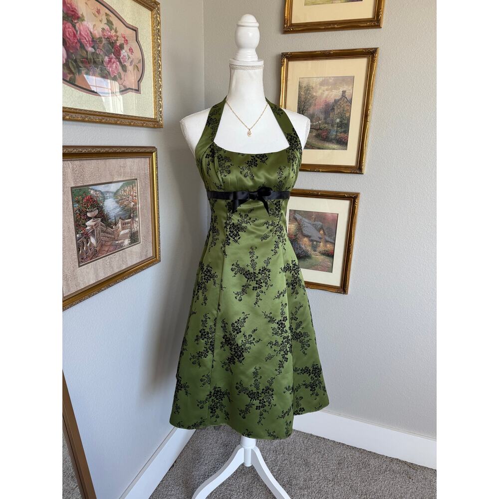 Vintage Olive Green Satin and Velvet Floral Dress